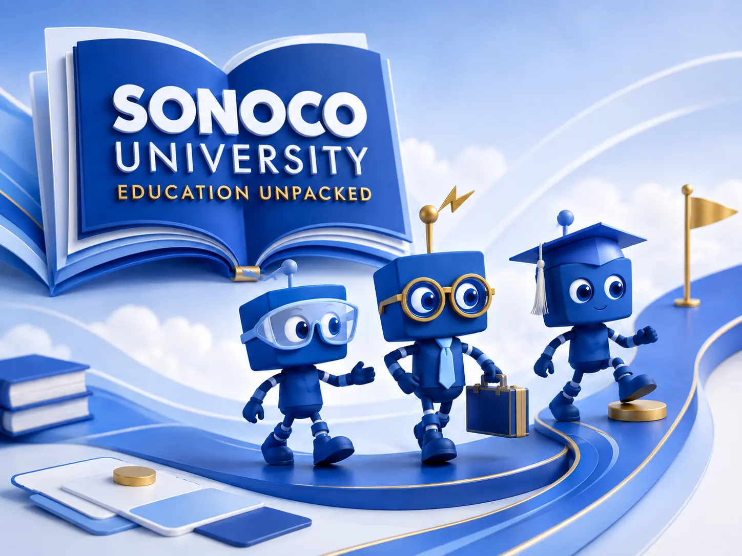 Sonoco University Education Unpacked with three SIMON learning mascots on a blue and gold learning pathway.
