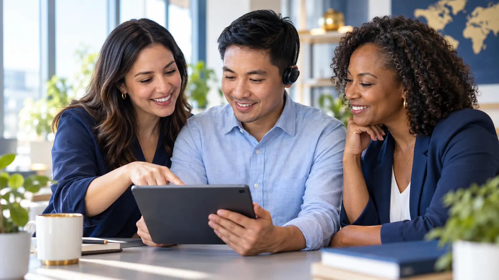 Three colleagues from different backgrounds learning together from a tablet.